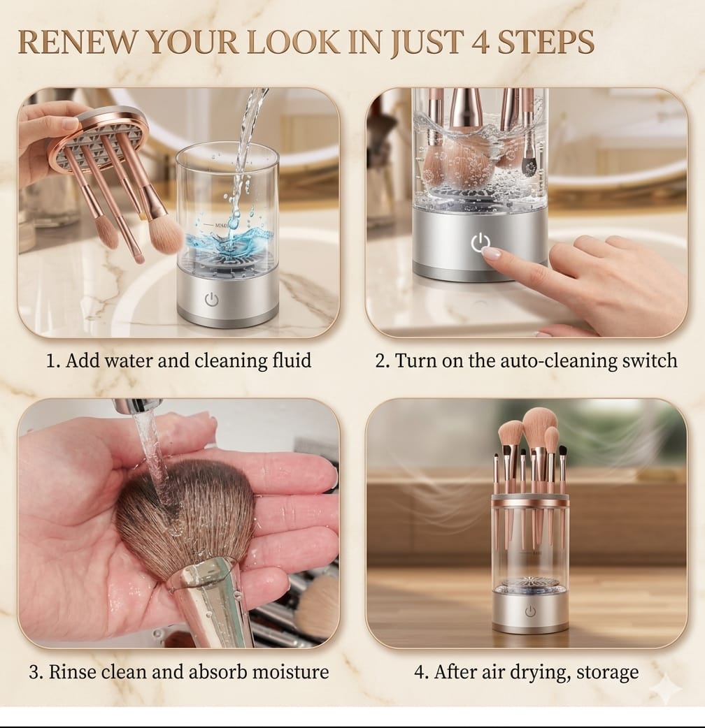 Electric Makeup Brush Cleaner and Dryer, Automatic Brush Spinner for all brushes,Wash and Dry in Seconds,with 8 Size Rubber Collars