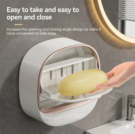 Cartcloveâ„¢ Wall Mounted Soap Holder with Lid, Self-Draining Soap Case, No Drill Soap Dish Holder, Dust-Proof Bathroom Soap Box, Adhesive Soap Holder for Bathroom & Kitchen