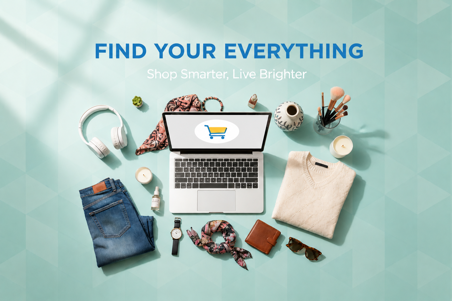 Laptop with shopping cart icon surrounded by various items on a light blue background with text 'Find Your Everything'.