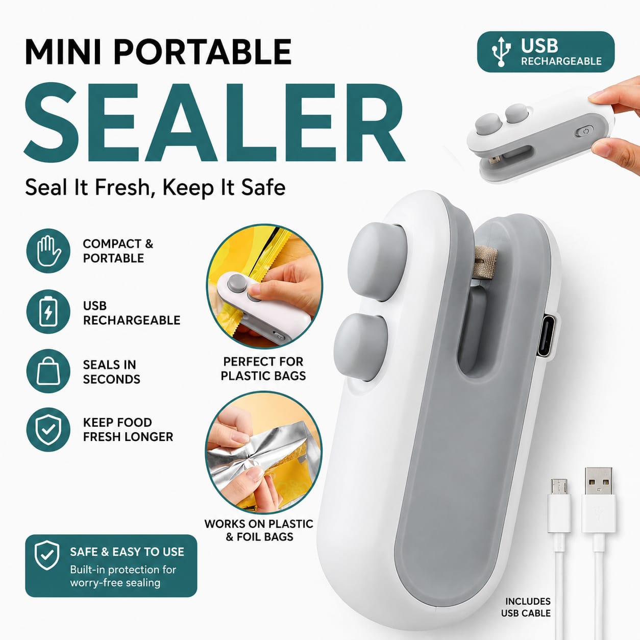 Portable Mini Sealing Machine, Handheld Packet Sealer for Food, Snacks, Chips, Fresh Storage, Plastic Bags Sealing Machine