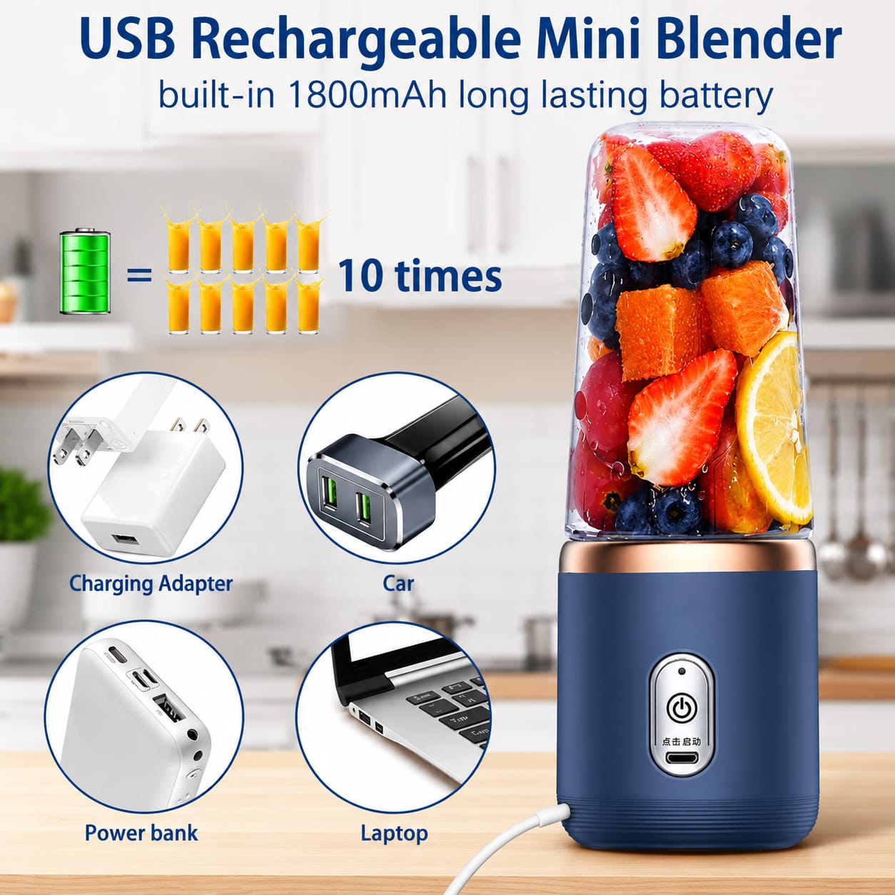Portable USB Rechargeable Blender | High-Speed Personal Smoothie & Juice Maker | Leakproof Travel Bottle