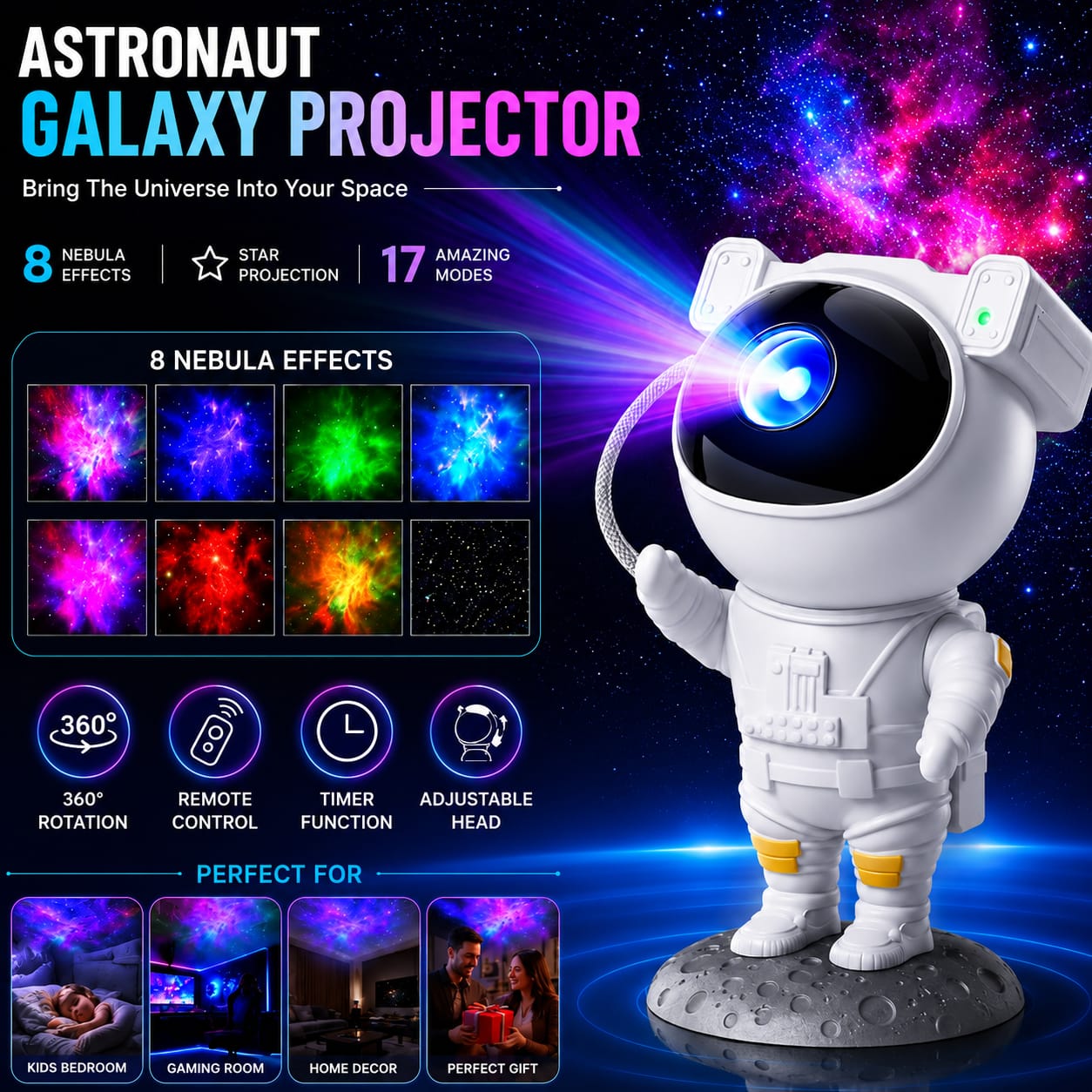 Astronaut Light Lamp Galaxy Projector with 360° Adjustable Head & Star Nebula Effects, Galaxy Projector Light for Bedroom, Remote Control Night Light for Home & Kids