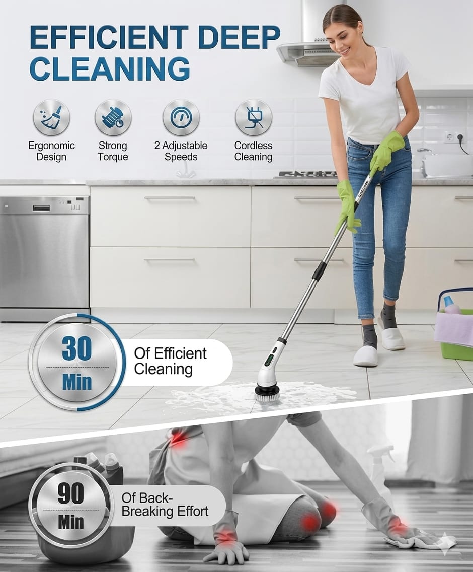 8 in 1 Electric Spin Scrubber, Cleaning Brush Scrubber for Home, 300RPM/Min, 8 Replaceable Brush Heads, 3 Adjustable Size, 2 Adjustable Speeds, for Bathroom, Floor Tiles