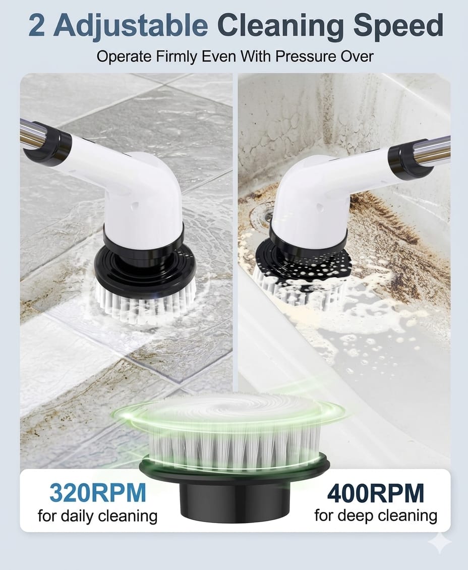 8 in 1 Electric Spin Scrubber, Cleaning Brush Scrubber for Home, 300RPM/Min, 8 Replaceable Brush Heads, 3 Adjustable Size, 2 Adjustable Speeds, for Bathroom, Floor Tiles