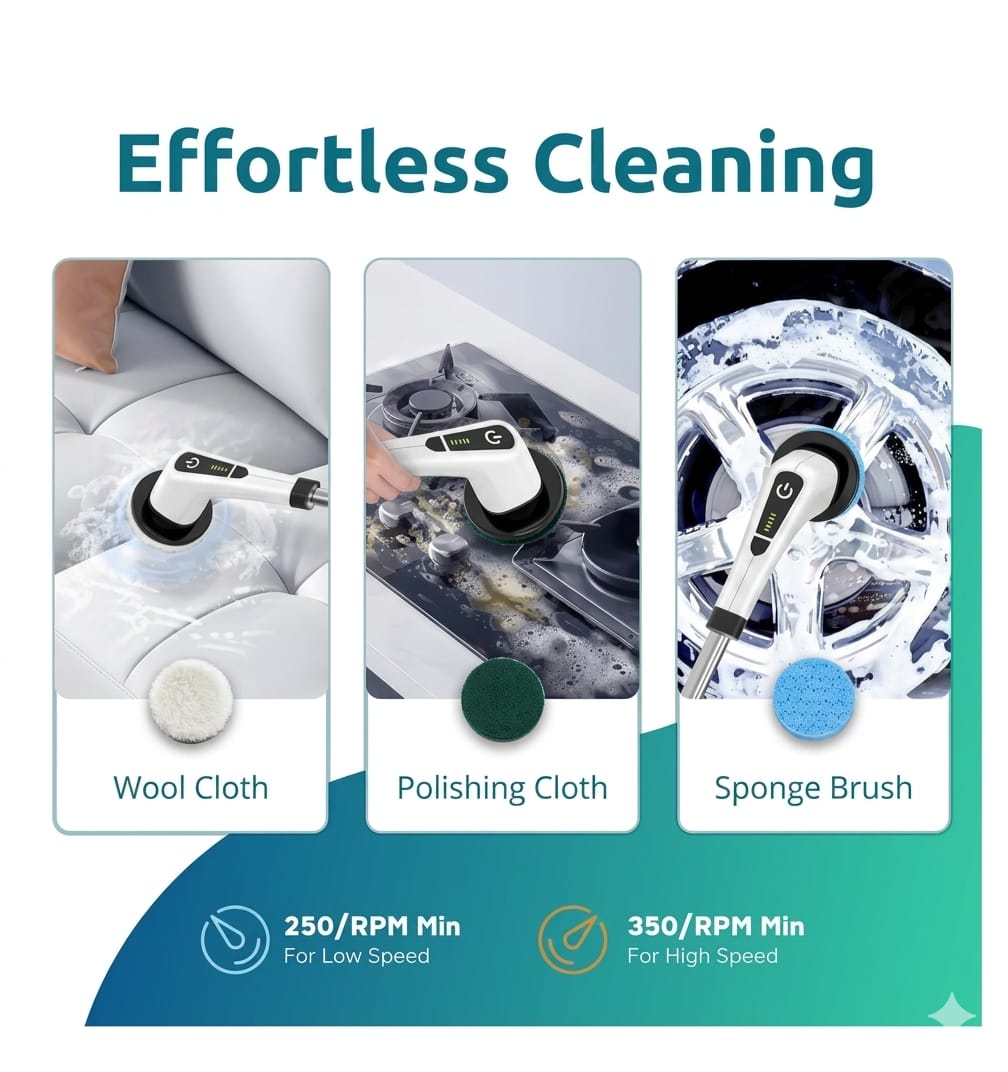 8 in 1 Electric Spin Scrubber, Cleaning Brush Scrubber for Home, 300RPM/Min, 8 Replaceable Brush Heads, 3 Adjustable Size, 2 Adjustable Speeds, for Bathroom, Floor Tiles
