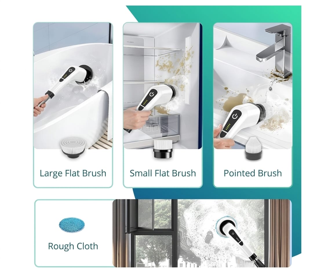 8 in 1 Electric Spin Scrubber, Cleaning Brush Scrubber for Home, 300RPM/Min, 8 Replaceable Brush Heads, 3 Adjustable Size, 2 Adjustable Speeds, for Bathroom, Floor Tiles