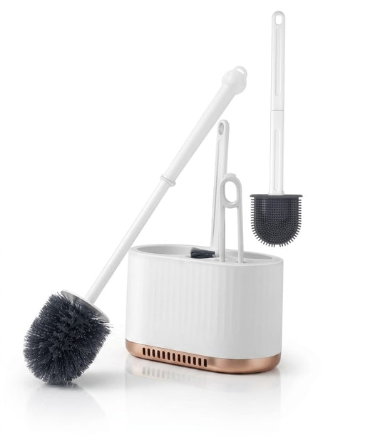 Silicone Toilet Brush and Holder Set, with a Extra Crevice Cleaning Brush Deep Cleaning Toilet Bowl Brush for Bathroom Toilet Brushes for Bathroom Wall Mounted Water Drop (4IN1 White)
