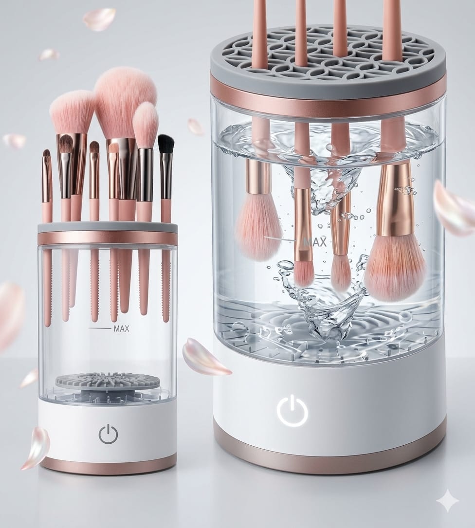 Electric Makeup Brush Cleaner and Dryer, Automatic Brush Spinner for all brushes,Wash and Dry in Seconds,with 8 Size Rubber Collars