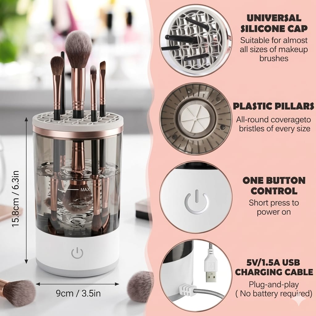 Electric Makeup Brush Cleaner and Dryer, Automatic Brush Spinner for all brushes,Wash and Dry in Seconds,with 8 Size Rubber Collars