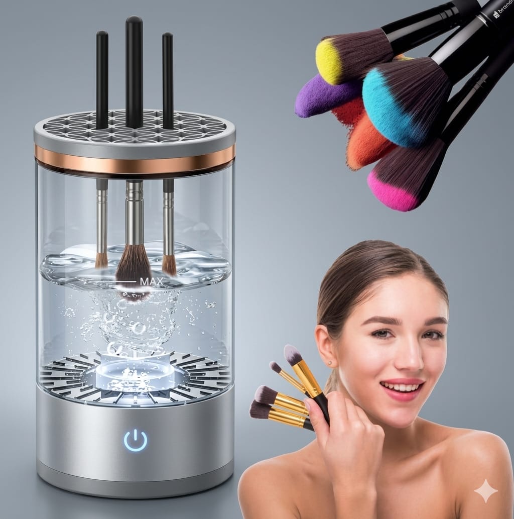 Electric Makeup Brush Cleaner and Dryer, Automatic Brush Spinner for all brushes,Wash and Dry in Seconds,with 8 Size Rubber Collars