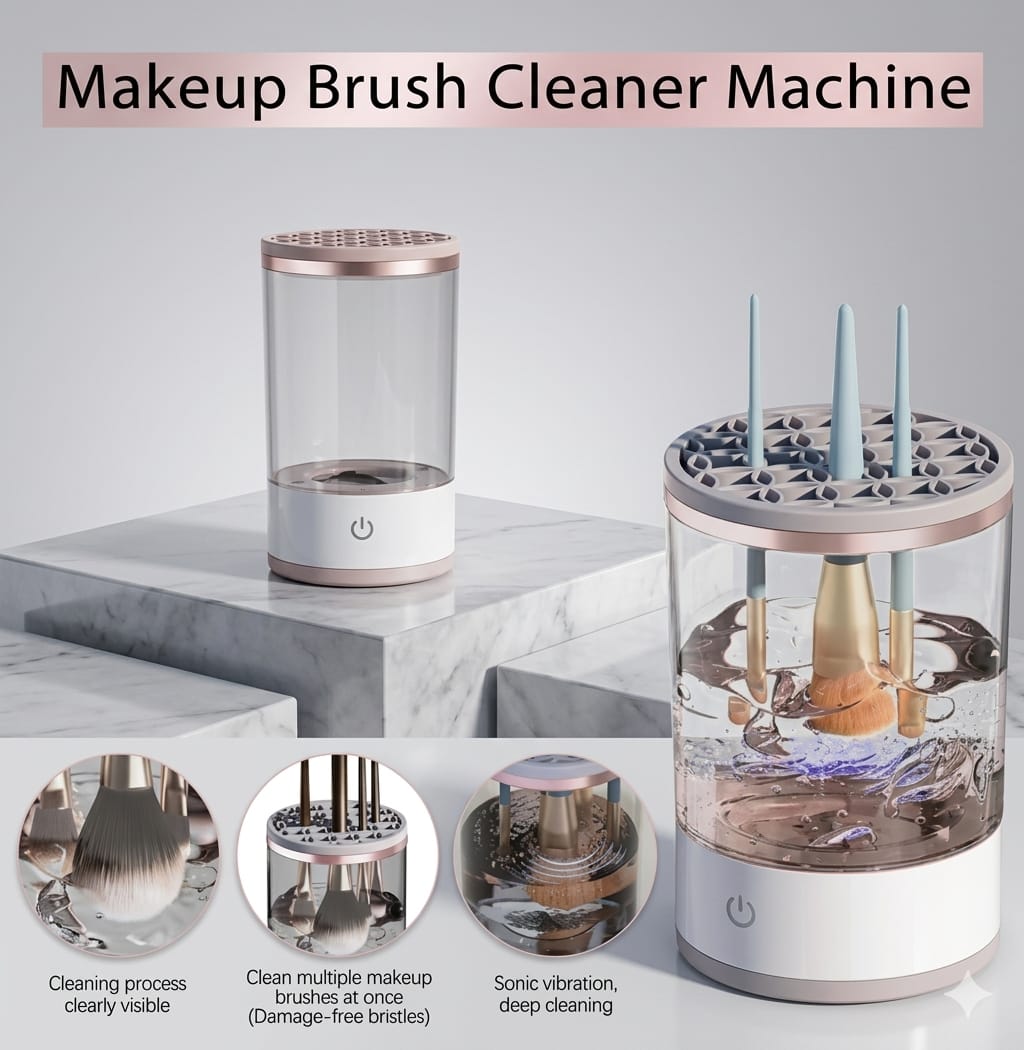 Electric Makeup Brush Cleaner and Dryer, Automatic Brush Spinner for all brushes,Wash and Dry in Seconds,with 8 Size Rubber Collars