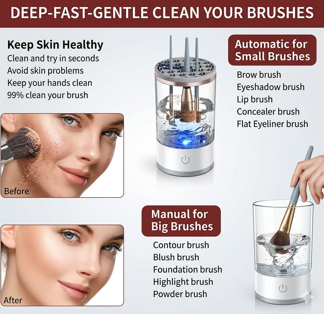 Electric Makeup Brush Cleaner and Dryer, Automatic Brush Spinner for all brushes,Wash and Dry in Seconds,with 8 Size Rubber Collars