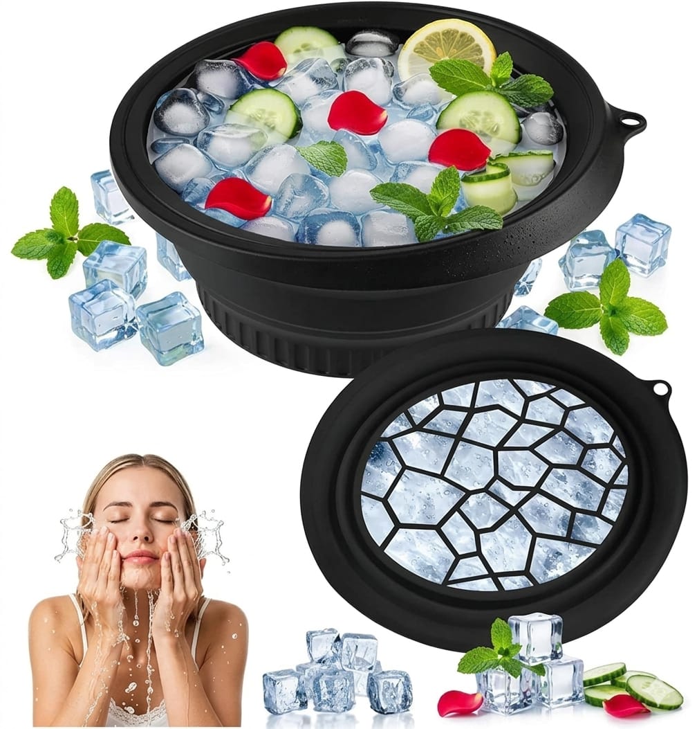 A black collapsible silicone ice cube tray shown both filled with ice cubes and water with lemon, cucumber, mint, and red flower garnish, plus a small inset of a woman washing her face. The background is white and the product is presented as the main focus.