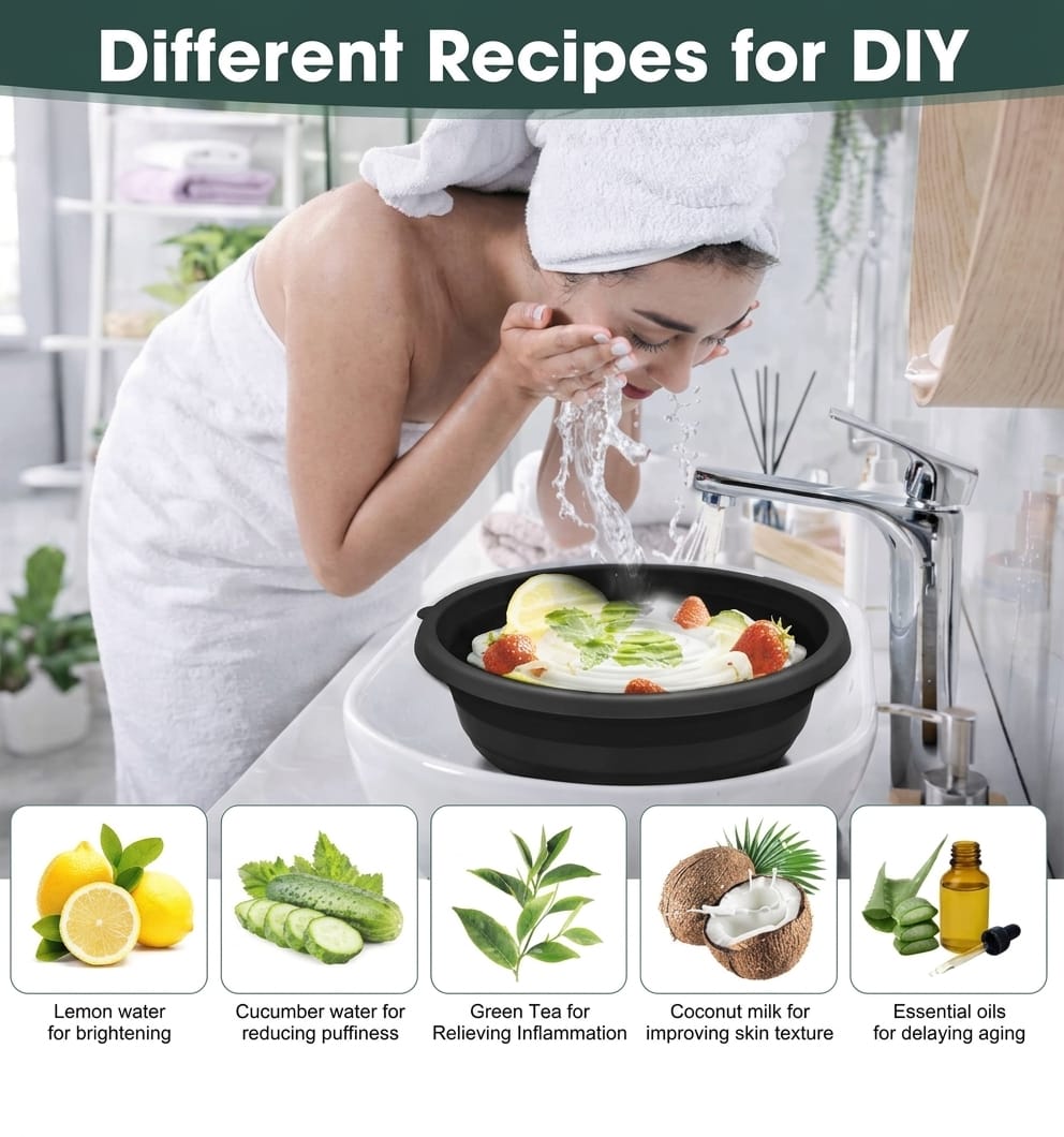 A woman wrapped in a white towel with a white towel turban on her head leans over a sink, splashing water while a black round bowl of mixed fruit and vegetables sits in the sink. The image includes the text 'Different Recipes for DIY' at the top and five ingredient panels along the bottom showing lemon water, cucumber water, green tea, coconut milk, and essential oils.