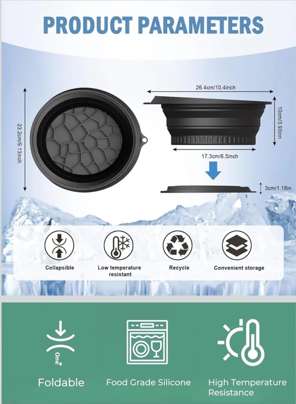 Product parameters infographic for a black collapsible silicone cup, showing dimensions, feature icons, and usage benefits on a blue-to-green background.