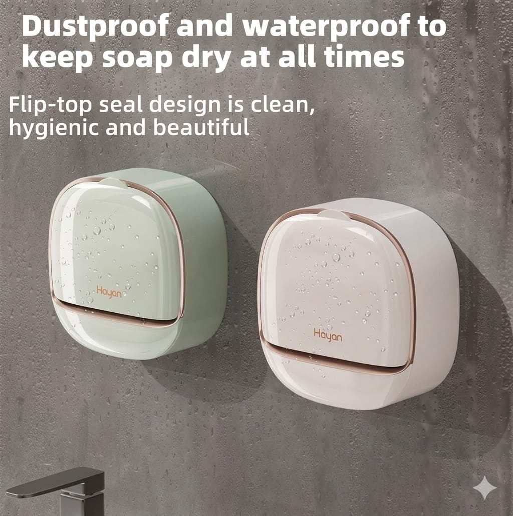Cartclove™ Wall Mounted Soap Holder with Lid, Self-Draining Soap Case, No Drill Soap Dish Holder, Dust-Proof Bathroom Soap Box, Adhesive Soap Holder for Bathroom & Kitchen