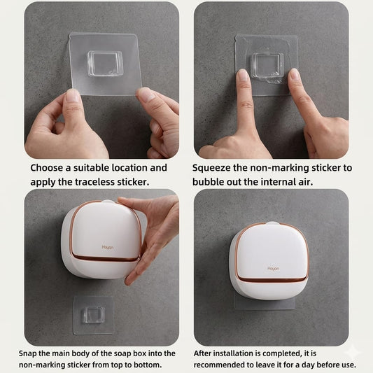 Cartclove™ Wall Mounted Soap Holder with Lid, Self-Draining Soap Case, No Drill Soap Dish Holder, Dust-Proof Bathroom Soap Box, Adhesive Soap Holder for Bathroom & Kitchen