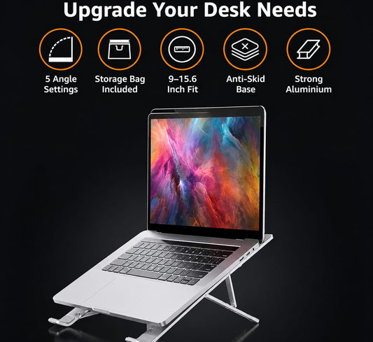 Angles Adjustable Aluminum Ergonomic Foldable Portable Tabletop Laptop/Desktop Riser Stand Holder Compatible for MacBook, HP, Dell, Lenovo & All Other Notebook (Silver)