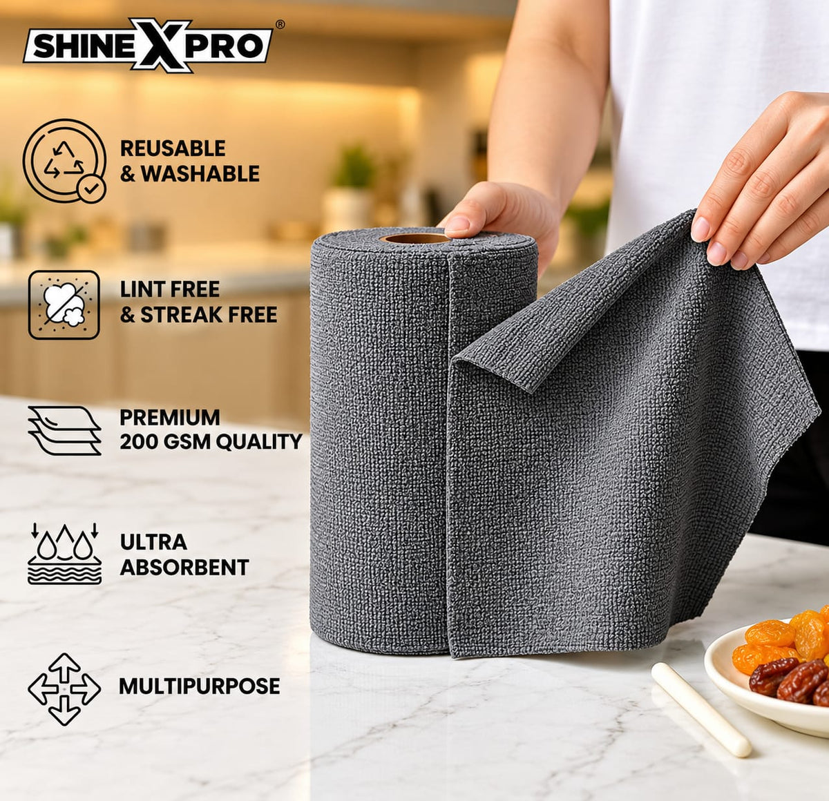 CartClove CleanPro Tear & Shine Reusable Microfiber Cleaning Cloth Roll – Super-Absorbent Multi-Purpose Wipes for Kitchen, Home, Car & Everyday Cleaning