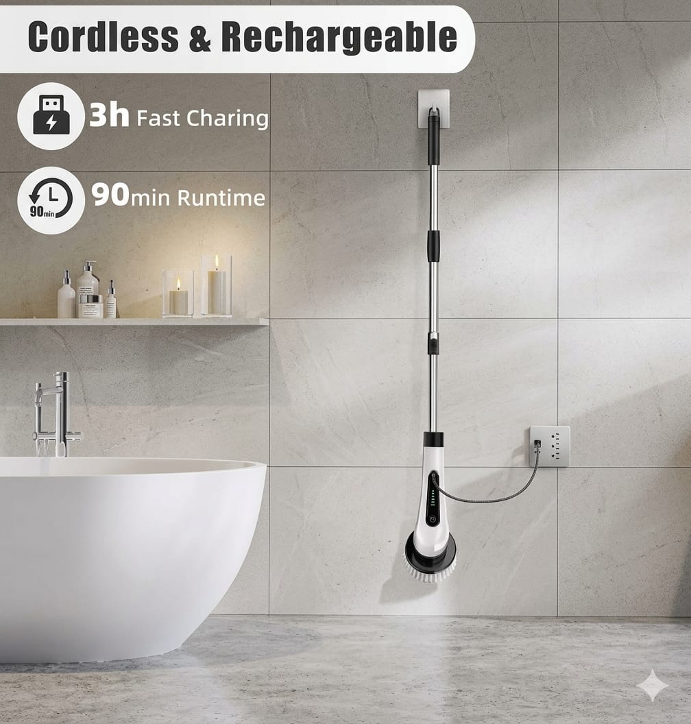 8 in 1 Electric Spin Scrubber, Cleaning Brush Scrubber for Home, 300RPM/Min, 8 Replaceable Brush Heads, 3 Adjustable Size, 2 Adjustable Speeds, for Bathroom, Floor Tiles