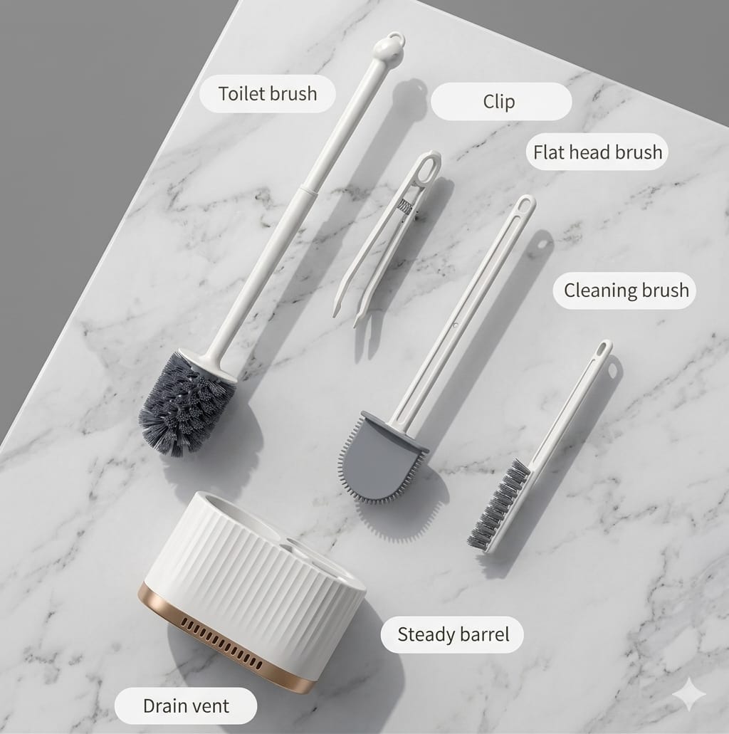 Silicone Toilet Brush and Holder Set, with a Extra Crevice Cleaning Brush Deep Cleaning Toilet Bowl Brush for Bathroom Toilet Brushes for Bathroom Wall Mounted Water Drop (4IN1 White)