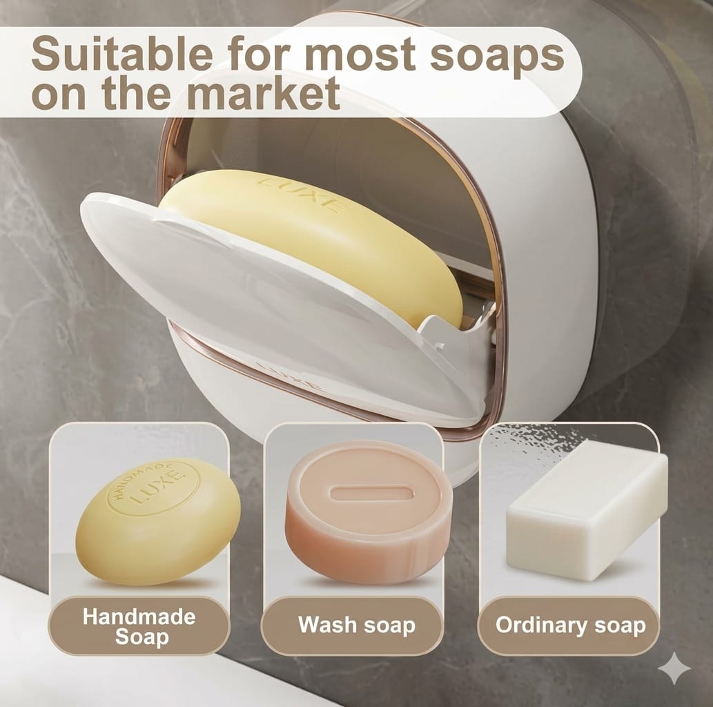Cartclove™ Wall Mounted Soap Holder with Lid, Self-Draining Soap Case, No Drill Soap Dish Holder, Dust-Proof Bathroom Soap Box, Adhesive Soap Holder for Bathroom & Kitchen